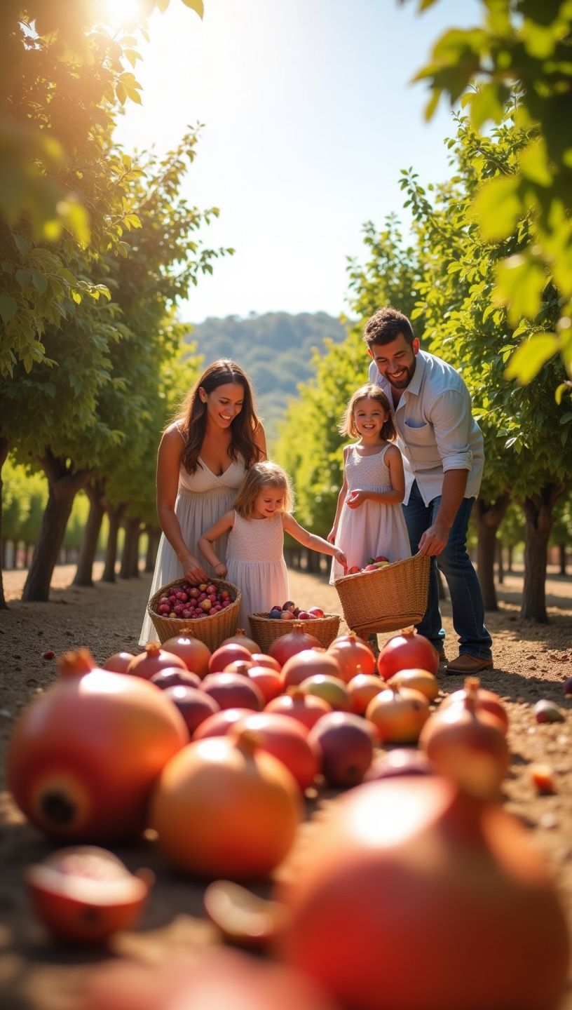Γυναίκα που απολαμβάνει χυμό ροδιού με φόντο ηλιοβασίλεμα.